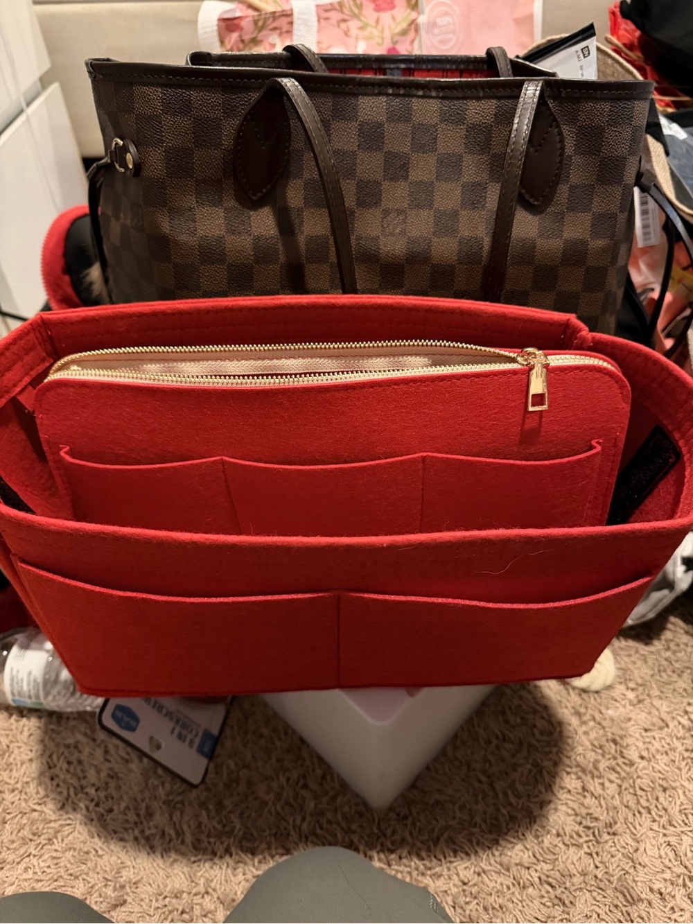 Designer Tote Insert Organizer - Red Felt Bag Organizer
